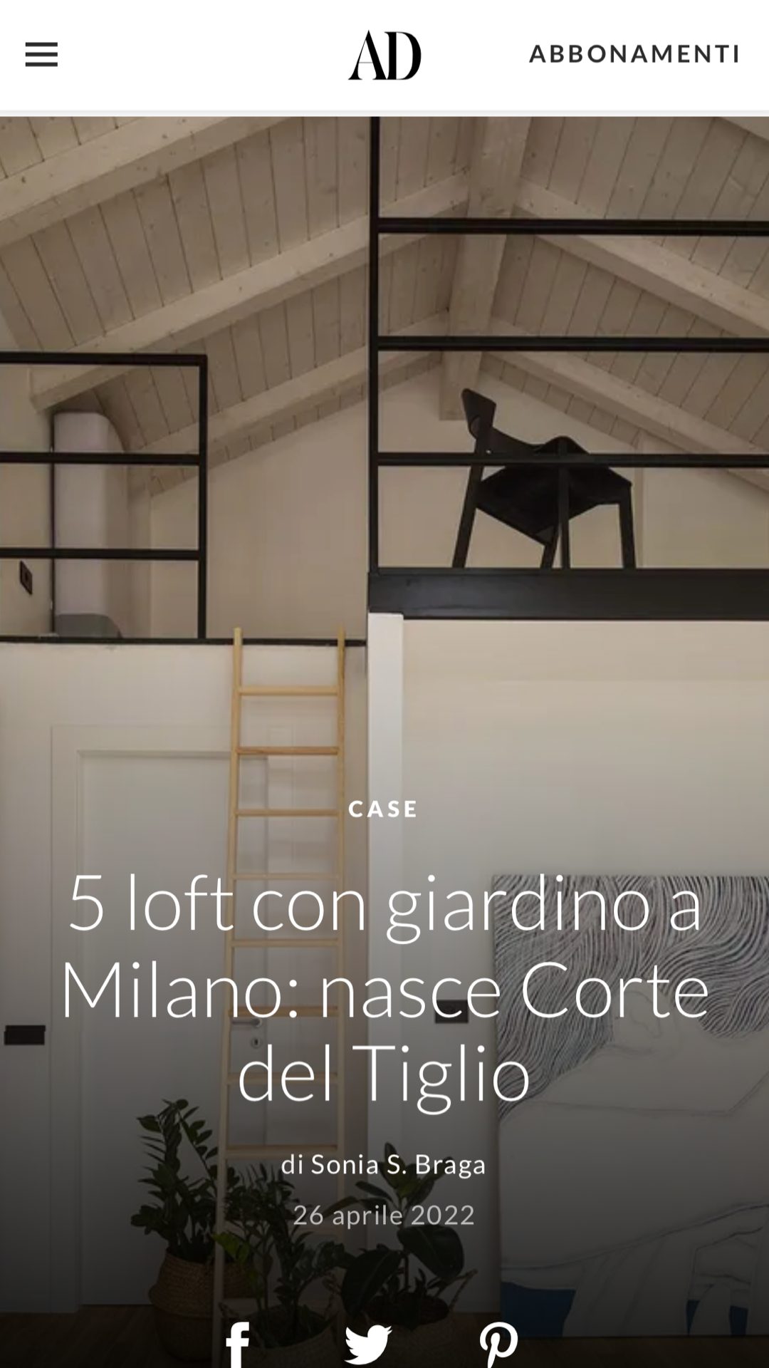 Articolo su AD Architectural Digest: 5 loft con giardino a Milano, Corte del Tiglio — progetto Rinofanto